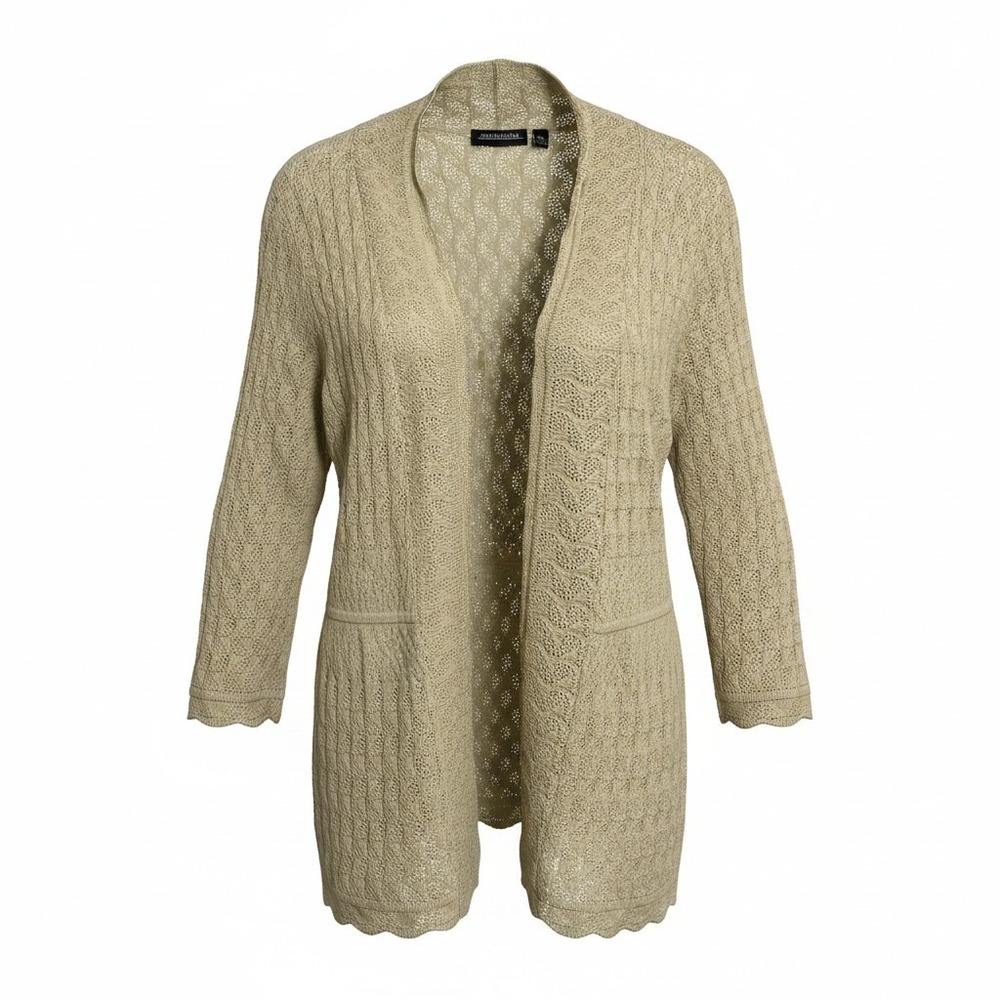 Notations Womens XL Tan Pointelle Knit Open Front Cardigan Scalloped Hem Cottage